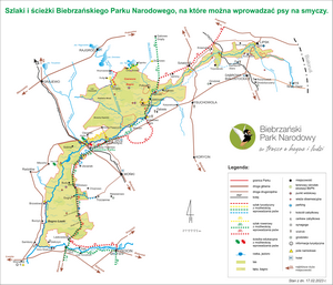 Mapa szlaków udostępnionych do wprowadzania psów w BbPN